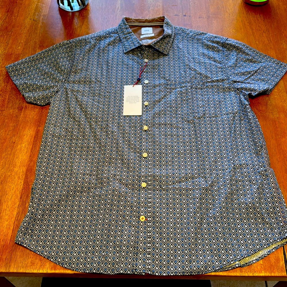 NWT Paul Kehl Slim Fit Geometric Print Button Up Shirt Blue Size 2XL